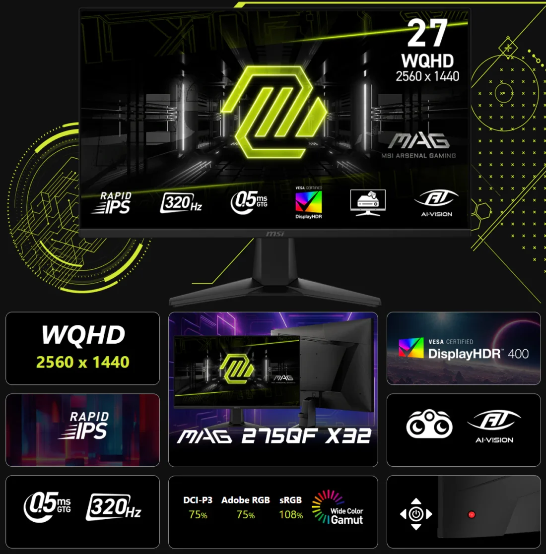 MSI MAG 275QF X32 Monitor – 27-Inch WQHD Rapid IPS Gaming Display with 320Hz Refresh Rate, 0.5ms Response, HDR400, Adaptive Sync, and HDMI 2.1