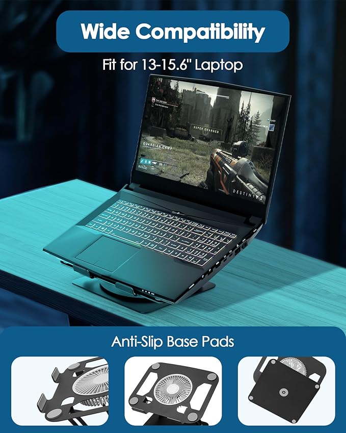 T671A Laptop Cooling Stand – 360° Rotating Aluminum Laptop Stand with Adjustable Height, Ergonomic Tilt, and RGB Cooling Fan | PCMac Lebanon