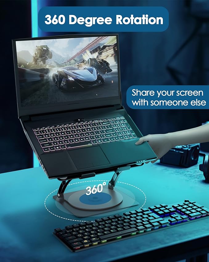 T671A Laptop Cooling Stand – 360° Rotating Aluminum Laptop Stand with Adjustable Height, Ergonomic Tilt, and RGB Cooling Fan | PCMac Lebanon
