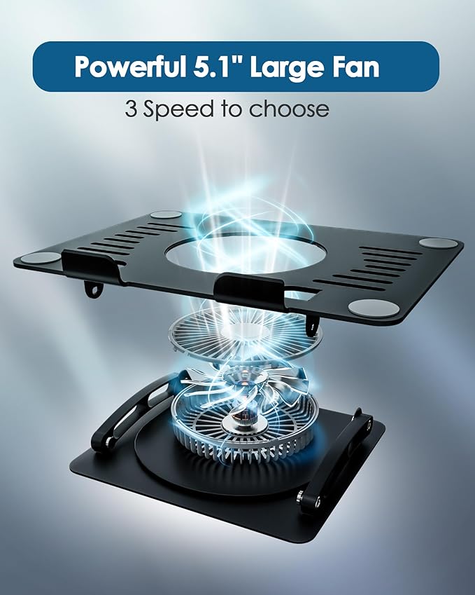 T671A Laptop Cooling Stand – 360° Rotating Aluminum Laptop Stand with Adjustable Height, Ergonomic Tilt, and RGB Cooling Fan | PCMac Lebanon