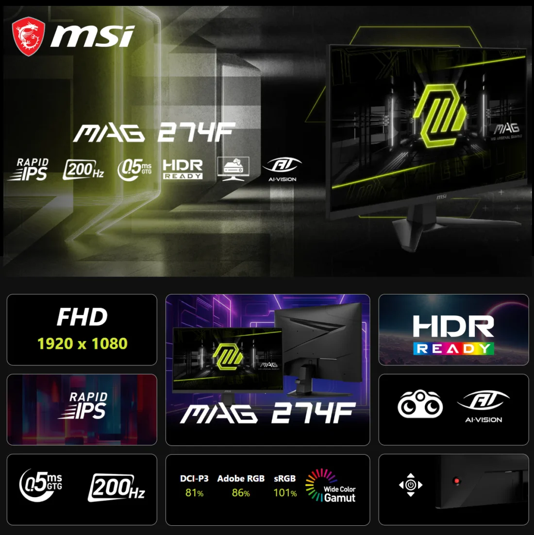 MSI MAG 274F Monitor – 27-Inch FHD Rapid IPS Gaming Display with 200Hz Refresh Rate, 0.5ms Response Time, HDR, Adaptive Sync, and VRR Support