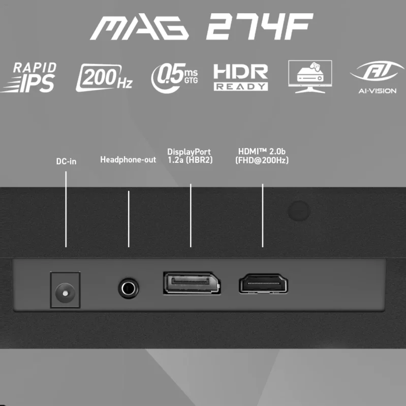 MSI MAG 274F Monitor – 27-Inch FHD Rapid IPS Gaming Display with 200Hz Refresh Rate, 0.5ms Response Time, HDR, Adaptive Sync, and VRR Support