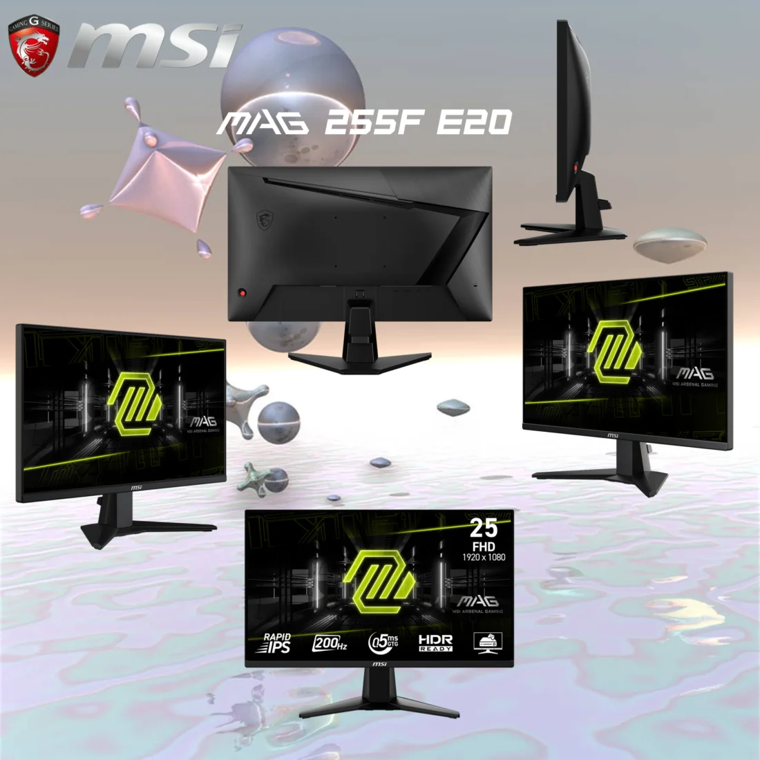MSI MAG 255F E20 Monitor – 24.5-Inch FHD Rapid IPS Gaming Display with 200Hz Refresh Rate, 0.5ms Response Time, HDR, Adaptive Sync, and Tilt Stand