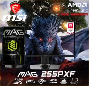 MSI MAG 255PXF Monitor – 24.5-Inch Rapid IPS Gaming Display with 300Hz Refresh Rate, 0.5ms Response, HDR, AI Vision, Built-In Speakers, and Adjustable Stand
