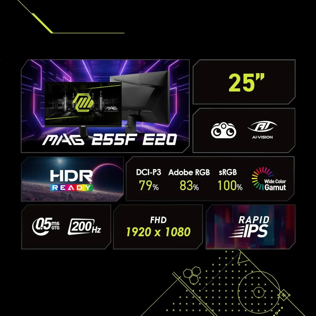 MSI MAG 255F E20 Monitor – 24.5-Inch FHD Rapid IPS Gaming Display with 200Hz Refresh Rate, 0.5ms Response Time, HDR, Adaptive Sync, and Tilt Stand
