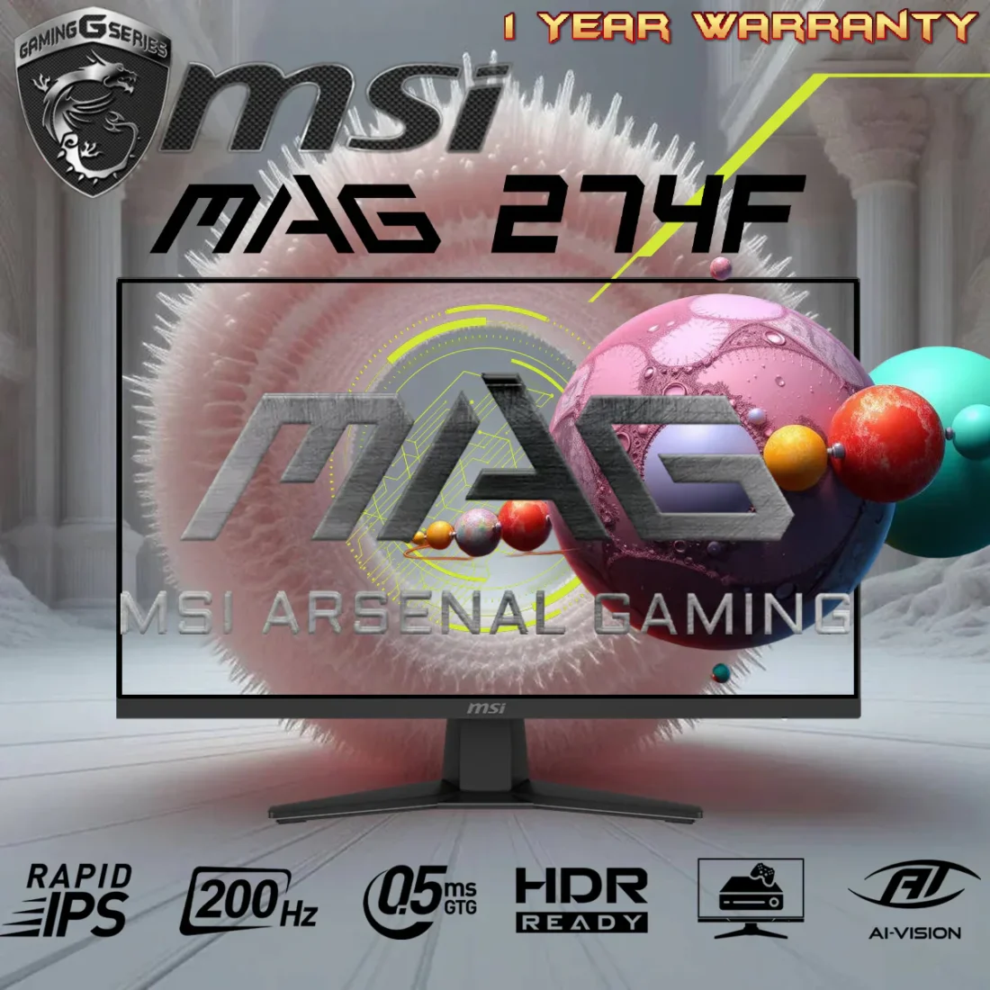 MSI MAG 274F Monitor – 27-Inch FHD Rapid IPS Gaming Display with 200Hz Refresh Rate, 0.5ms Response Time, HDR, Adaptive Sync, and VRR Support