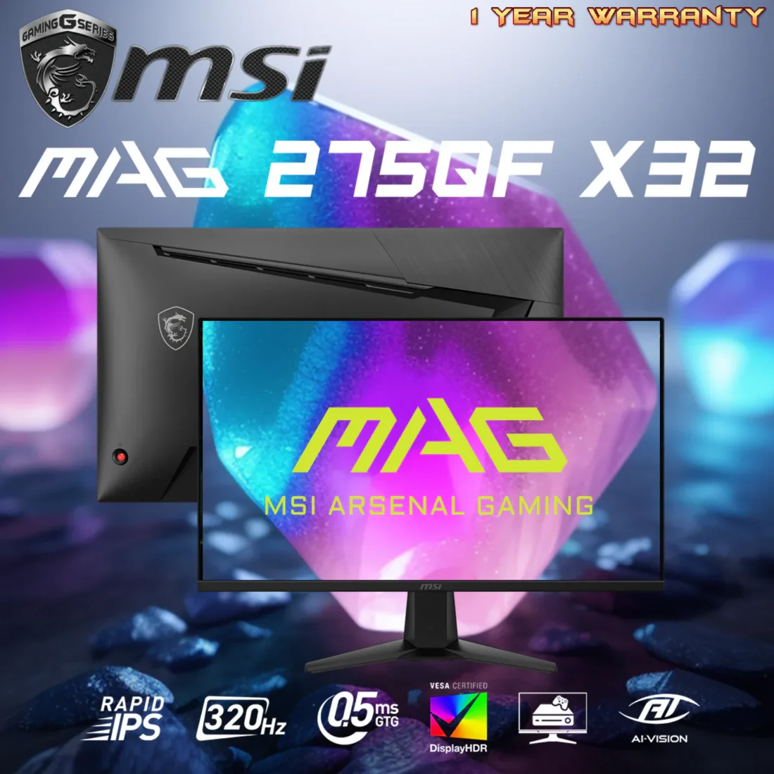 MSI MAG 275QF X32 Monitor – 27-Inch WQHD Rapid IPS Gaming Display with 320Hz Refresh Rate, 0.5ms Response, HDR400, Adaptive Sync, and HDMI 2.1