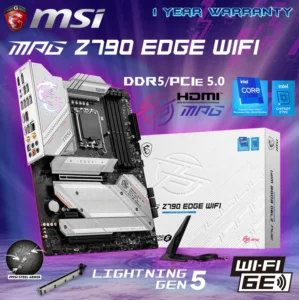 MSI MPG Z790 EDGE WIFI DDR5 Motherboard – White ATX board with PCIe 5.0, DDR5 7200+ MHz, Intel 14th Gen support, Wi-Fi 6E, 2.5G LAN, and 5x M.2 slots