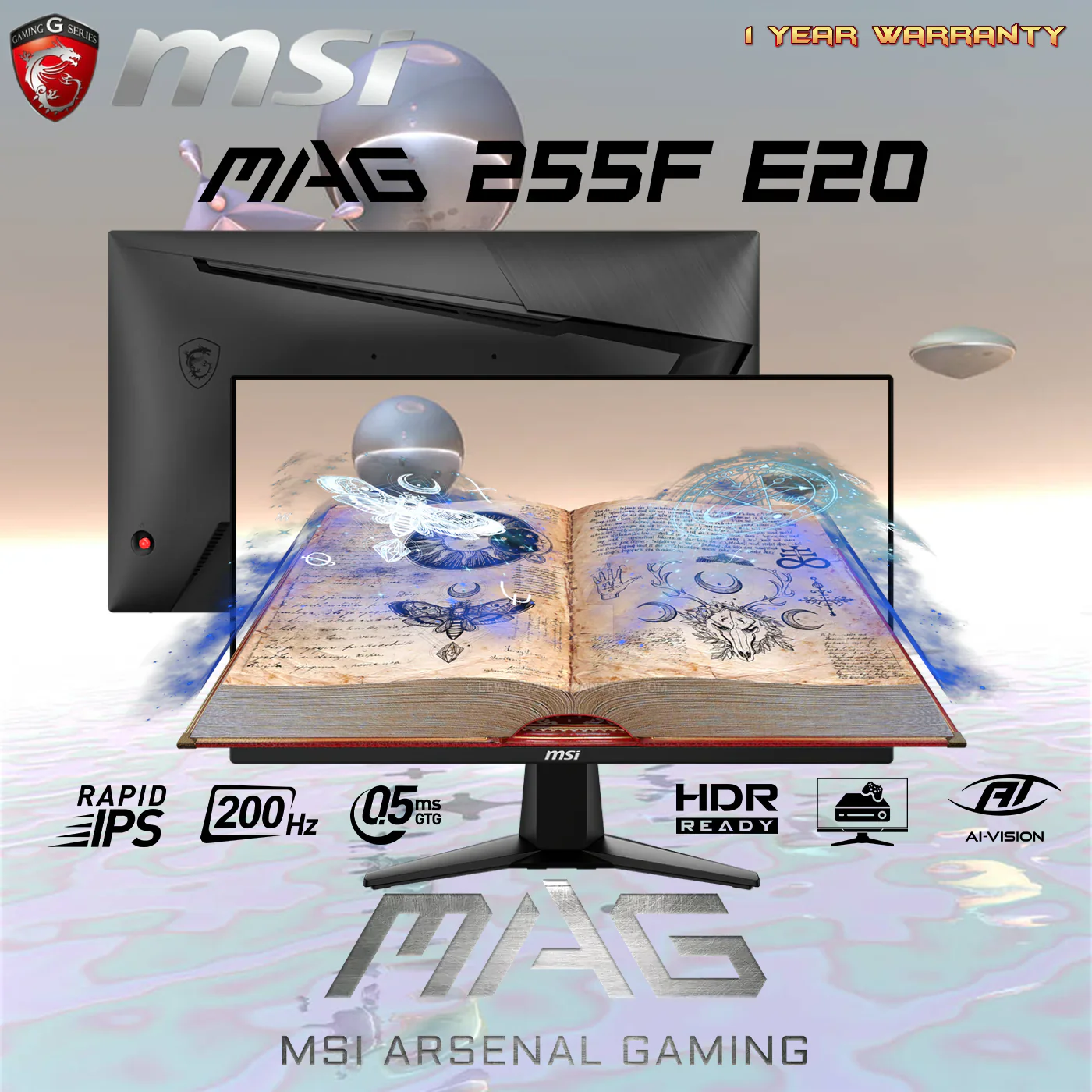MSI MAG 255F E20 Monitor – 24.5-Inch FHD Rapid IPS Gaming Display with 200Hz Refresh Rate, 0.5ms Response Time, HDR, Adaptive Sync, and Tilt Stand